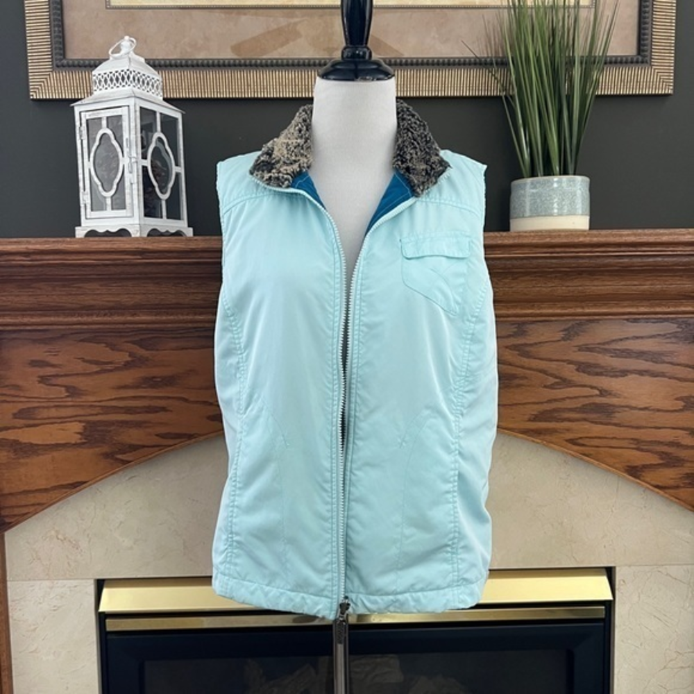 Columbia Women's Blue Casual‎ Faux Fur Collar Reversible Zip Vest Sz. L